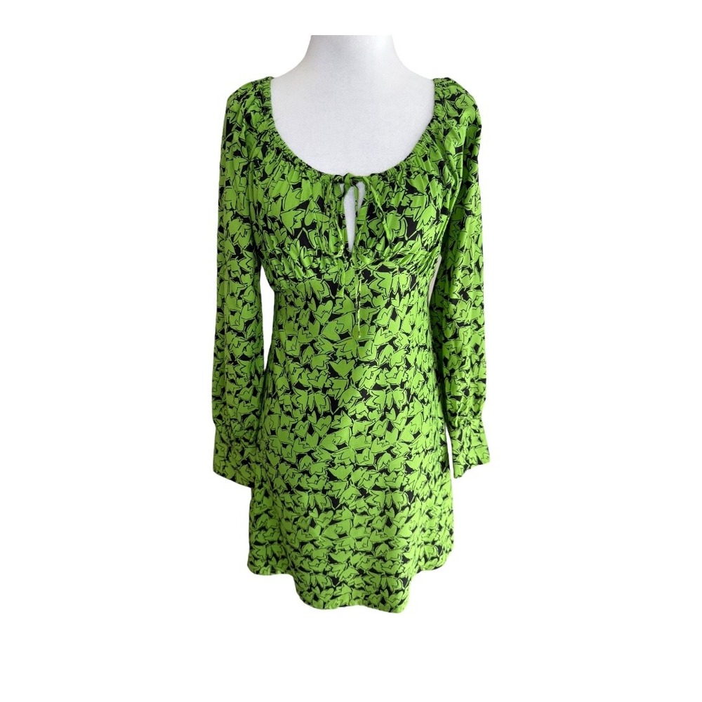 NEW Topshop Mini Dress‎ Green Black Print Long Sleeve Tie Front US Size 2 NWT